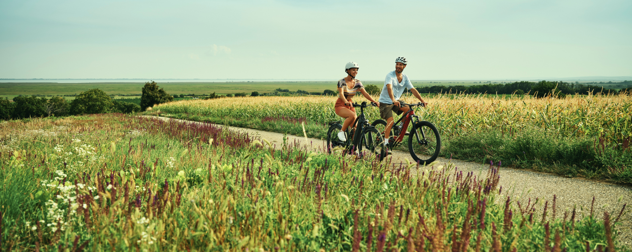 Zwei Radfahrer fahren durch Felder mit Blick auf den Neusiedler See im Hintergrund