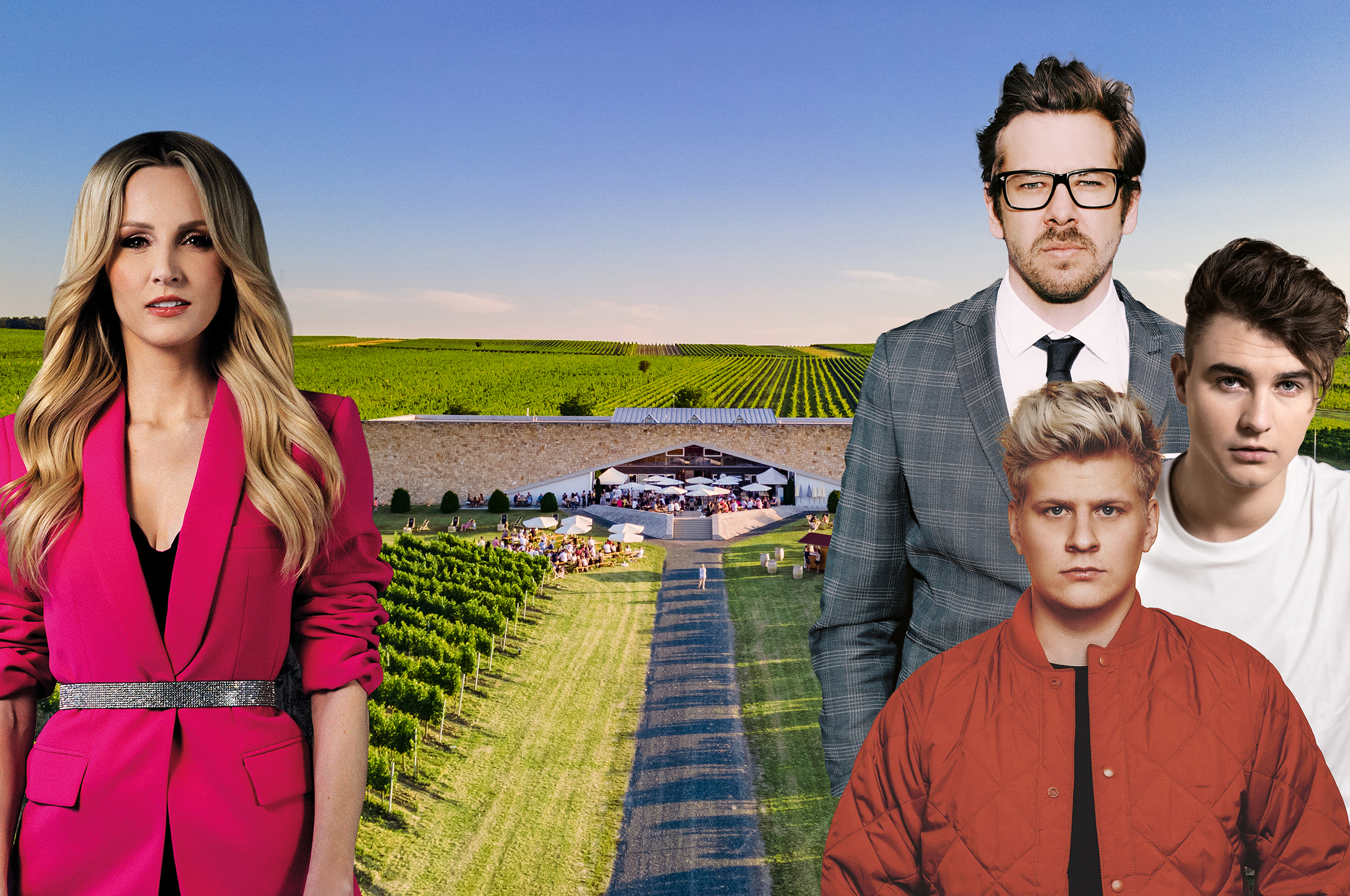 Melissa Naschenweng, Thorsteinn Einarsoon, Chris Steger und Nemo vor dem Weingut Eichenwald Weine